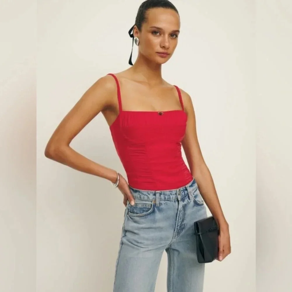 NEW Reformation Emery Linen Top in Lipstick Red Flower Detail | size 0 - Picture 2 of 11